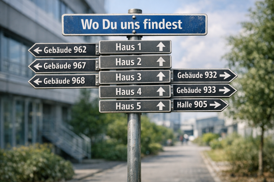 KI-generiertes Bild eines Wegweiser mit den Orten im Werk, wo das Team zu finden ist.