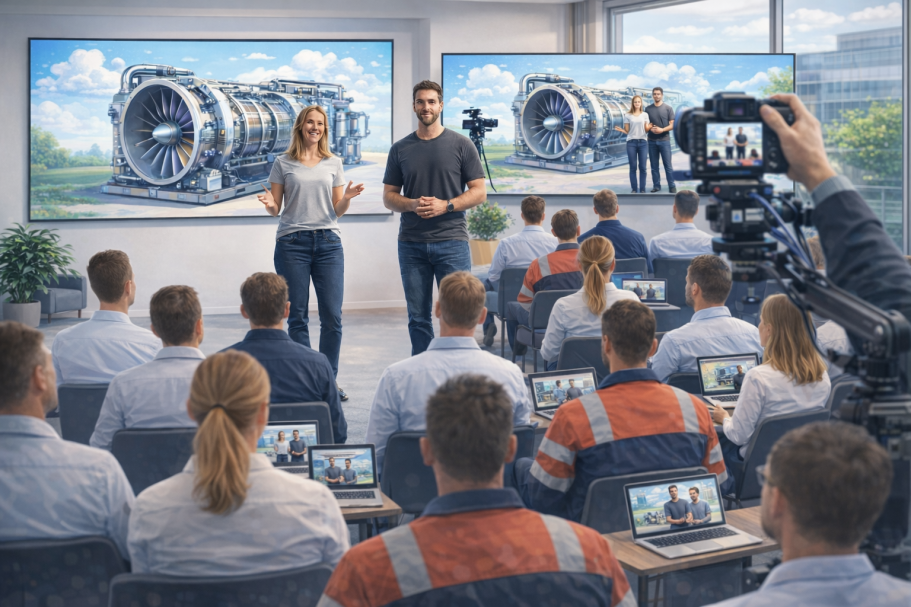 KI-generiertes Bild einer Betriebsversammlung mit digitaler Unterstützung